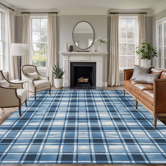 Blue Plaid Area Rug 5x7 Washable Rug Non Slip Modern Simple Watercolor Buffalo Lattice Large Area Rug Soft Stainresistant Indoor Floor Carpet for Living Room Bedroom Home Office Dining Room Nursery