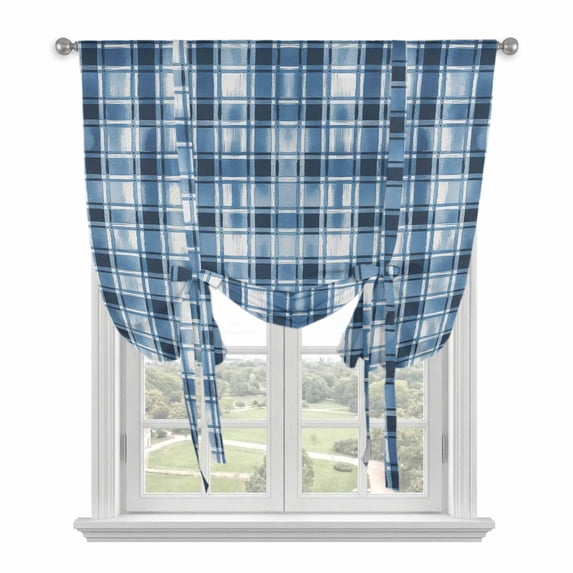 Blue Plaid Balloon Curtains for Bedroom/Front Door/Bathroom, Modern Simple Watercolor Buffalo Lattice Tie Up Curtains 63 Inch Length Light Filtering Kitchen Curtains Shades for Windows 46"x63"