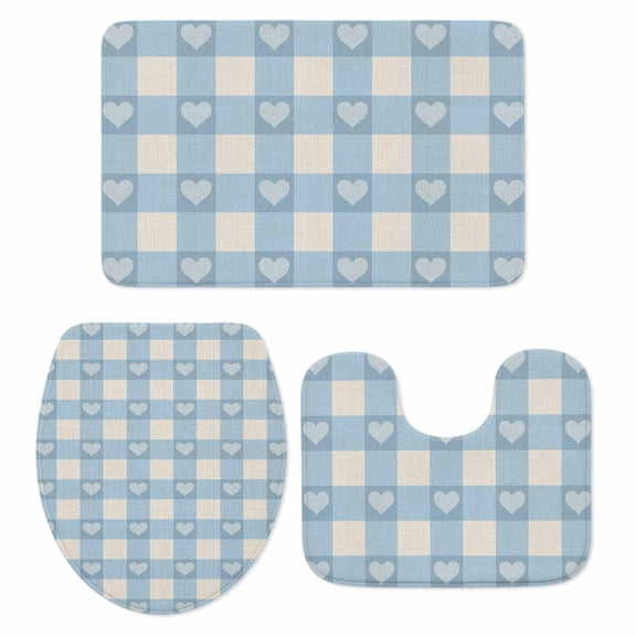Blue Plaid Bath Mat 3 Piece Bathroom Rug Set, Country Cute Love Pastoral Heart Lattice Non Slip Bath Rug Contour Mat and Toilet Lid Cover, Absorbent Shower Mats Soft Bath Rugs and Mats Sets