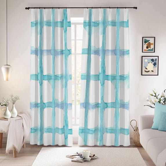 Blue Plaid Blackout Curtains for Bedroom/Living Room, Pinch Pleated Black Out Curtains, Farmhouse Buffalo Check Stripes Modern Geometric Room Darkening Window Drapes with Hooks 2 Panels, 59"x70"