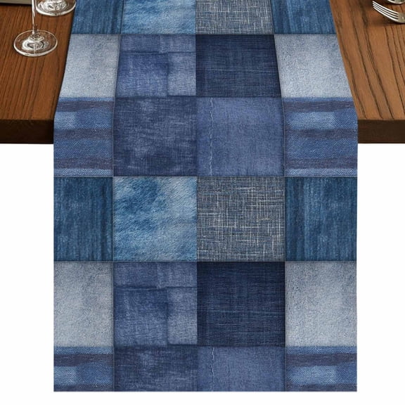 Blue Plaid Burlap Cotton Table Runner 13x36 Inches Short, Farmhouse Abstract Minimalist Ombre Gingham Farmhouse Table Runners, Outdoor Dining Tablecloths Decor for Baby Shower/Party/Wedding