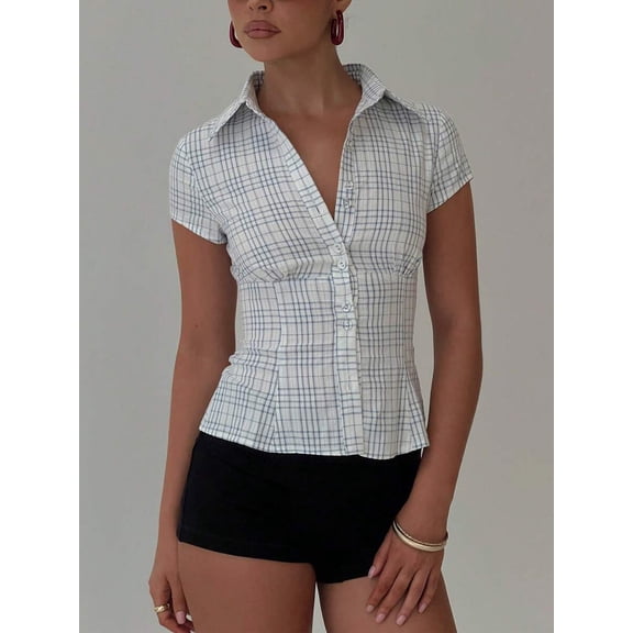 Blue Plaid Button-Up Short Sleeve Collared Peplum Fit Casual Summer Blouse Top