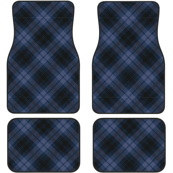 Blue Plaid Car Front and Rear Floor Mats, Anti Slip Car Mats, Complete Set of 4 Carpets, All Weather Protection
