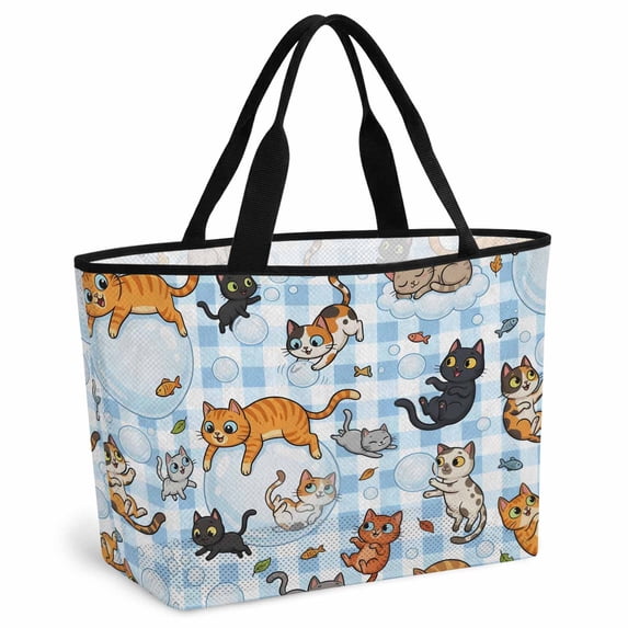 Blue Plaid Cat Beach Bag for Women, Large Breathable Mesh Beach Tote Bag, Funny Cute Fish Leaves Bubble Sandproof Lightweight Travel Bags for Vacation Picnic Swimming Pool 15.7"x15.7"x9.1"