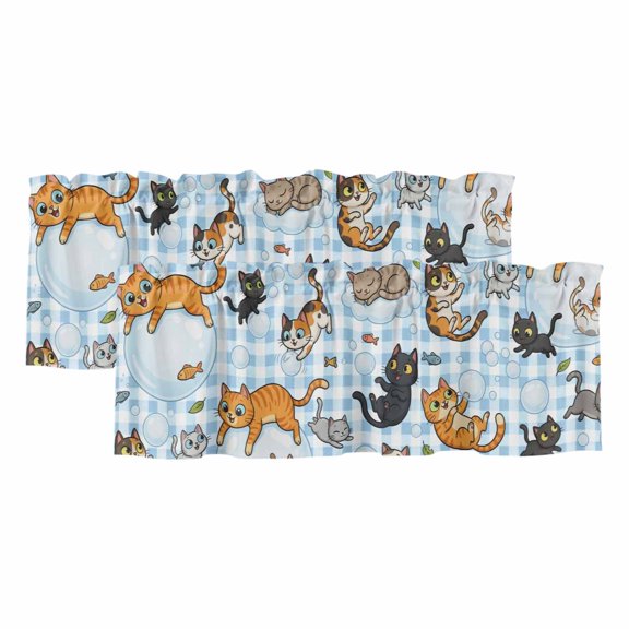 Blue Plaid Cat Valances for Windows, Decorative Rod Pocket Window Valance Curtains, Funny Cute Fish Leaves Bubble Short Curtain Drapes for Kitchen/Bathroom/Living Room, 2 Panels, 42" W x 12" L