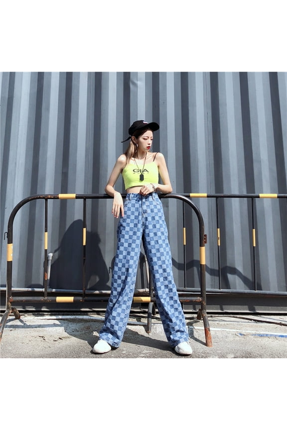 Blue Plaid Checkerboard High Waist Wide Leg Pants Women Hip Hop Loose Straight Pantalon Femme Trousers Punk Bottom Harem Pants 1773656645334497