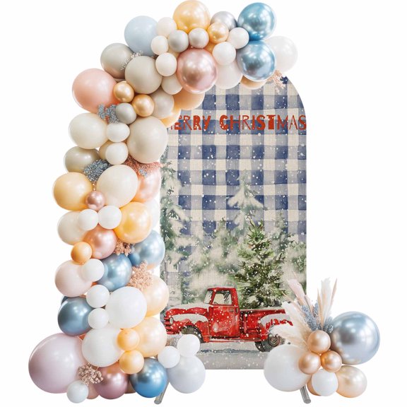 Blue Plaid Christmas Arch Backdrop Cover 4x1.65 Ft, Spandex Wedding Arch Stand Cover, Red Truck Xmas Tree Snowflake Round Top Stretch Fitted Background Covers for Birthday Ceremony Party Decor