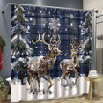 Blue Plaid Christmas Deer Shower Curtain with Snowflakes and Trees