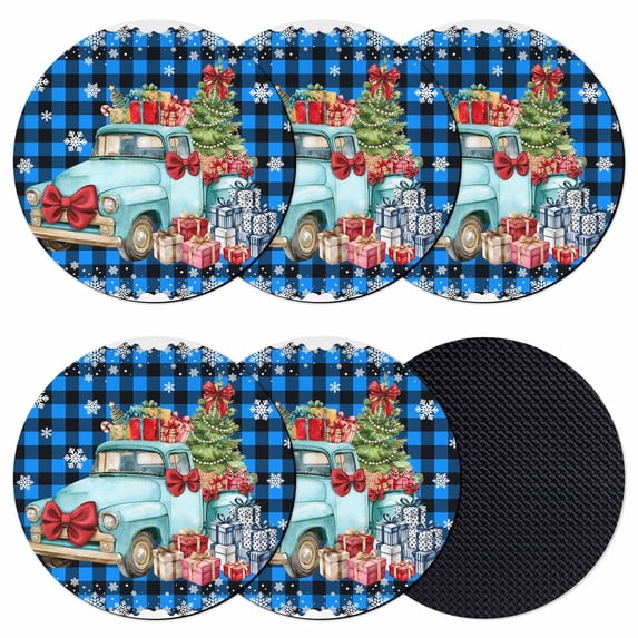 Blue Plaid Christmas Trucks Coasters Set of 6, Absorbent Coasters for Drinks, Xmas Tree Gifts Snowflake Coaster for Desk Coffee Table Protection, Home Decor House Warming Gifts 4"