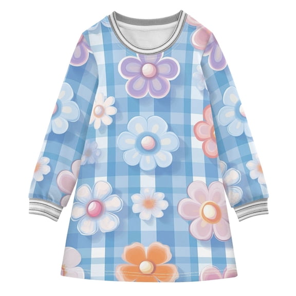 Blue Plaid Colorful Florals Long-sleeved Dress A-line Dress for 2-8 Years Casual Party 2T
