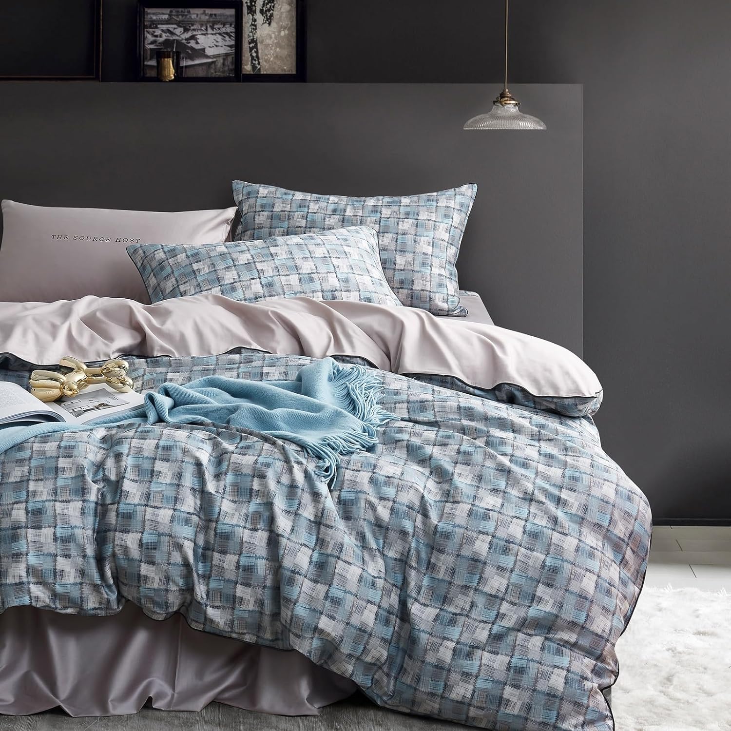Blue Plaid Comforter Set Geometric Plaid Grid Bedding Comforter Queen