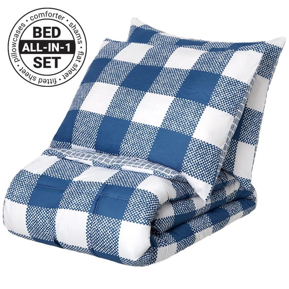 Blue Plaid Reversible Queen or King Complete Comforter Set