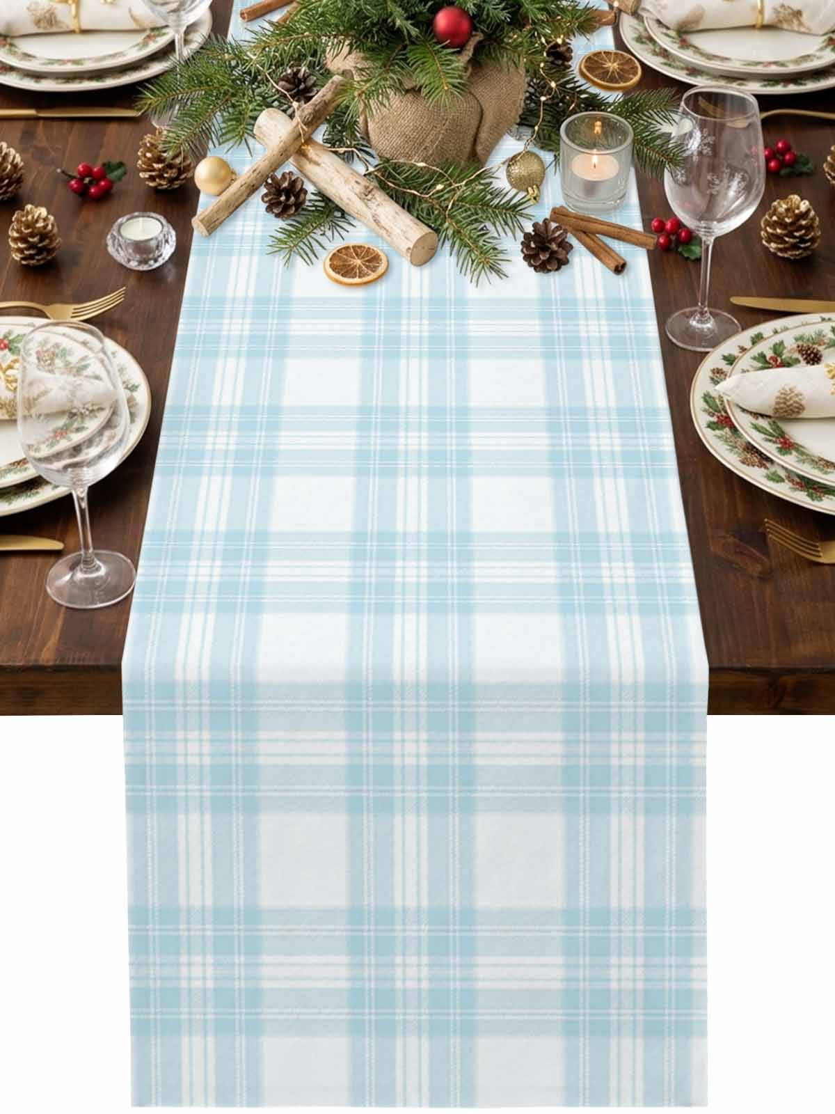 Texture Decor Table Blue Plaid Cotton Linen Table Runner Winter Ice Blue Tartan Lines ...