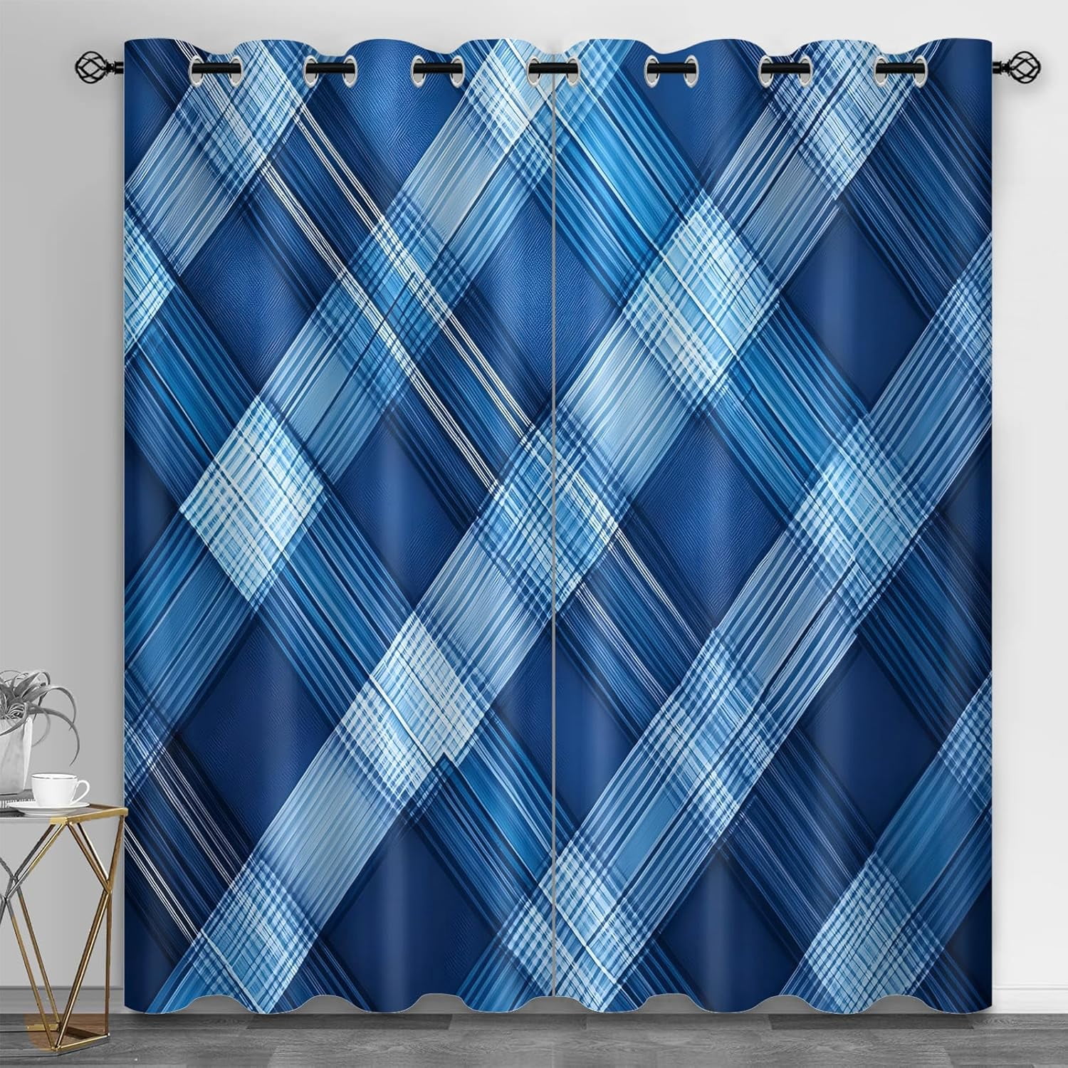 Blue Plaid Curtains 2 Panels, Pattern Curtain for Bedroom, Navy Blue