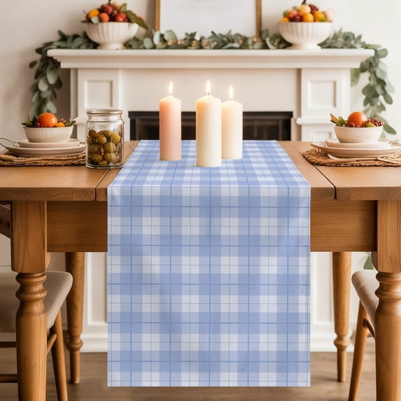Blue Plaid Dining Table Runner, Country Rustic Farmhouse Classic Minimalist Checkered Washable Table Runners Kitchen Coffee Table Center Decor for Home Party Holiday Wedding 13 x 90 Inches
