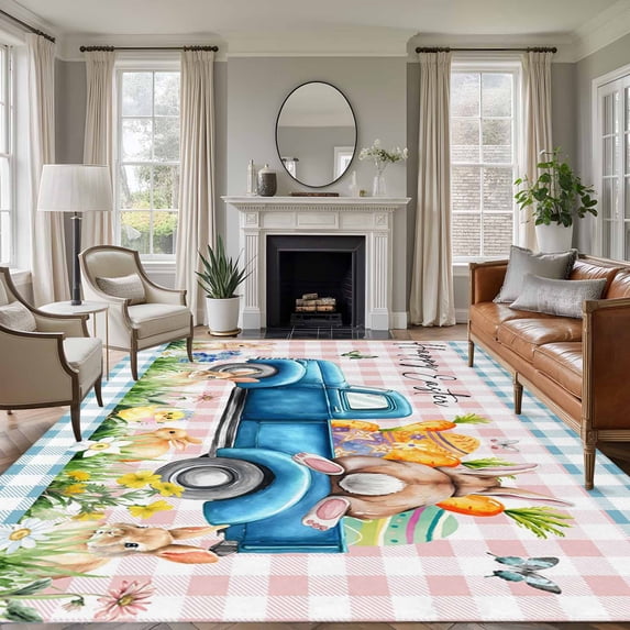 Blue Plaid Easter Area Rugs 8'x10', Washable Small Throw Rugs for Living Room Patio, Truck Spring Floral Bunny Animals Indoor Outdoor Rug Non-Slip Low Pile Carpet Runner Reversible Floor Mats