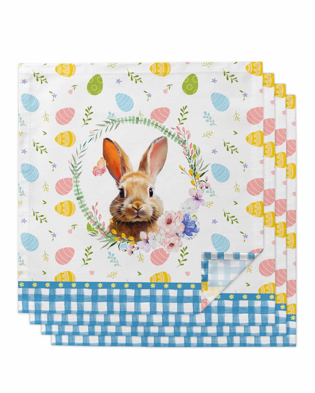 Blue Plaid Easter Bunny Dinner Napkins Cloth Set of 4, Polyester
