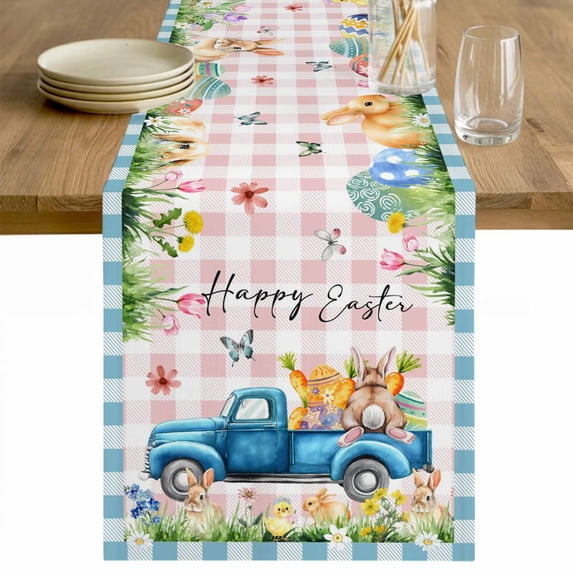 Blue Plaid Easter Table Runner 48 Inches Long Farmhouse Dress Scarves, Truck Spring Floral Bunny Animals Dining Tablerunner for Coffee Table/Kitchen Island/Party Décor, 13" x 48"