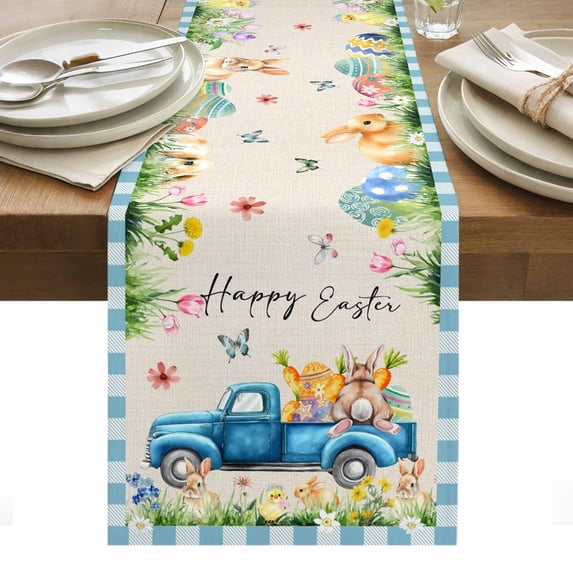 Blue Plaid Easter Table Runner - 72 Inch Long, Kitchen Dining Table Runner Dresser Scarves, Blue Truck Spring Floral Bunny Rustic Farmhouse Decor for Coffee Tables Wedding Party Banquet