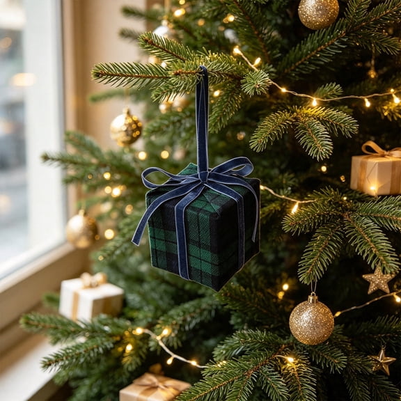Blue Plaid Fabric Gift Box Christmas Ornament With Red Velvet Bow, Hanging Gift Box Pendant, Vintage Tartan Cloth Gift Box Decoration For Christmas Tree,Window,Wall,Home Indoor Holiday Party Decor