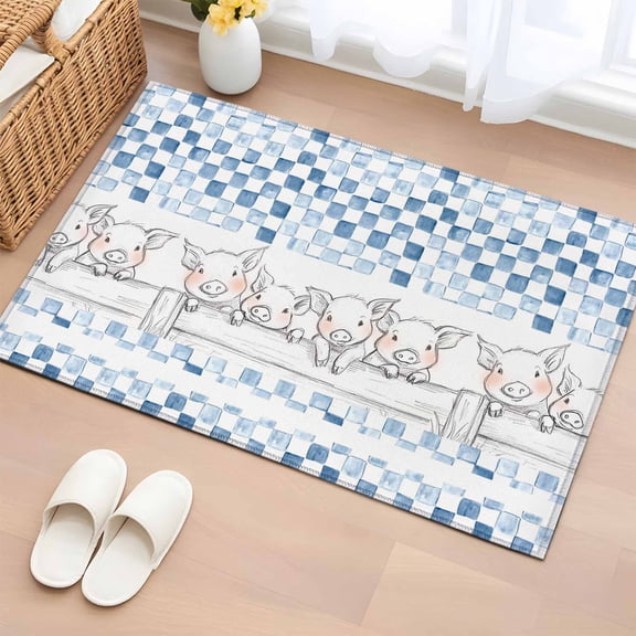 Blue Plaid Farmhouse 2'x3' Washable Rug, Watercolor Cute Country Pigs Checkered Non-Slip Soft Doormat Area Rugs for Entrance Bathroom Bedsides, Carpet for Kitchen Bedroom, Entryway Floor Mat