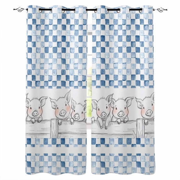 Blue Plaid Farmhouse Blackout Curtains for Bedroom/Living Room, Thermal Insulated Kitchen Curtains, Watercolor Cute Country Pigs Checkered Grommet Darkening Window Treatment Drapes 27.5"x39"x2