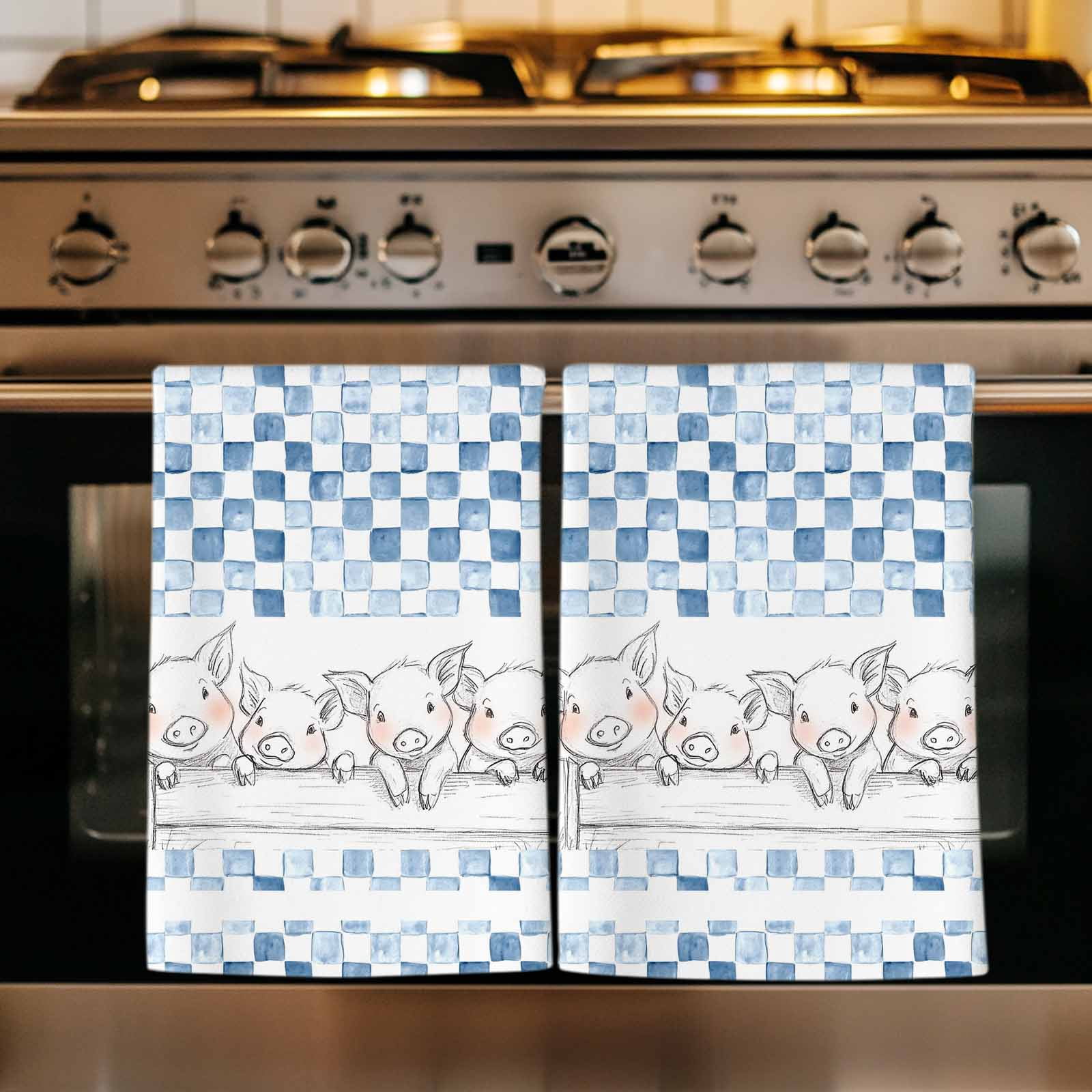 Blue Plaid Farmhouse Kitchen Towels Set of 2, Watercolor Cute Country Pigs Checkered Absorbent Dish Towels for Kitchen, Microfiber Hand Towel, Quick Drying Tea Towel for Cleaning Dishcloths