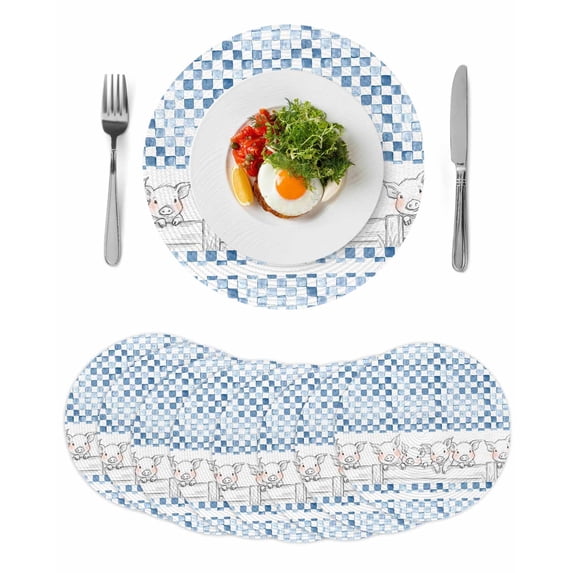 Blue Plaid Farmhouse Round 13 Inch Placemats Set of 8, Watercolor Cute Country Pigs Checkered HeatResistant Non Slip Place Mats for Dining Table, Wipeable Braided Kitchen Table Mats for Housewarming