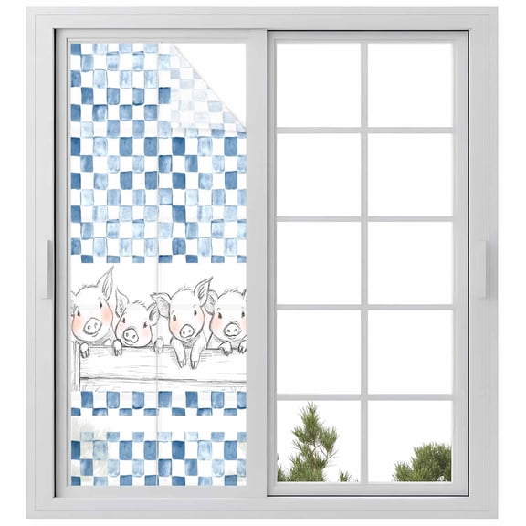 Blue Plaid Farmhouse Window Privacy Film, Watercolor Cute Country Pigs Checkered Static Cling UV Sun Blocking Heat Control Window Tint Day and Night, Non-Adhesive One Way Privacy Cover 23.6''x59''