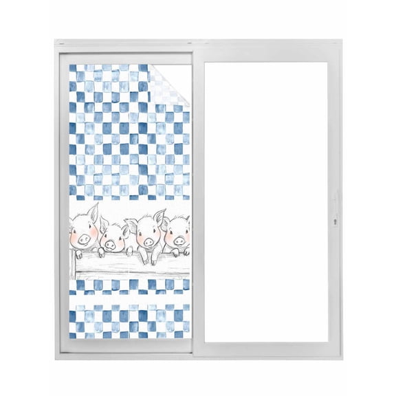 Blue Plaid Farmhouse Window Privacy Film, Watercolor Cute Country Pigs Checkered Static Cling UV Sun Blocking Tint Film Heat Control Windows Films for Bedroom Bathroom, Window Stickers 23.6"x59"