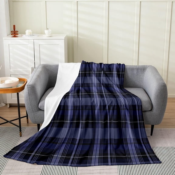 Blue Plaid Fleece Throw Blanket for Couch Sofa Bed Cozy Warm Microfiber Plush Blankets