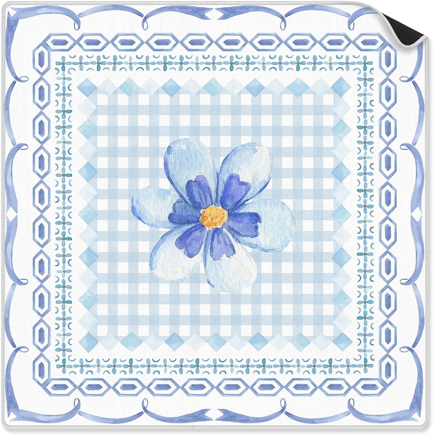 Blue Plaid Floral Mahjong Mat 31.5 x 31.5 Inch, Grandmillennial Flower Checkered Non-Slip Noise Reduction Mahjong Table Mat for American Mah Jong Poker Card Board Games Dominoes