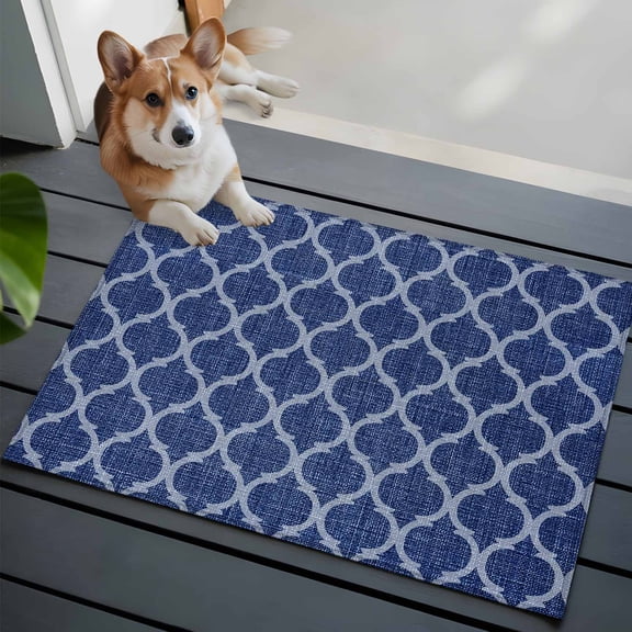 Blue Plaid Front Door Rugs 2x3 ft Retro Country Moroccan National Geometrical Plaid Small Rug for Entryway Non Slip Washable Bathroom Door Mat Absorbent Floor Mat for Indoor Entrance