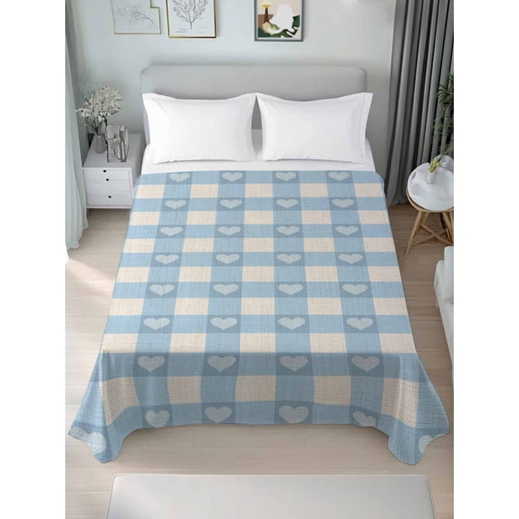 Blue Plaid Full Size Flat Sheet, Wrinkleproof & Fadeproof Cooling Flat Bed Sheet Only, Country Cute Love Pastoral Heart Lattice Breathable Soft Bedding Top Sheets 81 x 96 Inches