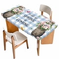 thumbnail image 1 of Blue Plaid Groundhog Table Cloths for 4 Foot Rectangle Tables, Spring Floral Butterfly Botanical Patio Waterproof Elastic Fitted Tablecloths, Washable Rectangular Table Cover for Camping, 1 of 8