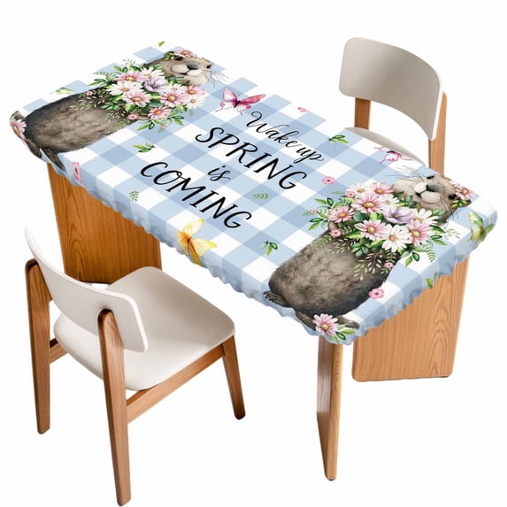 Blue Plaid Groundhog Table Cloths for 4 Foot Rectangle Tables, Spring Floral Butterfly Botanical Patio Waterproof Elastic Fitted Tablecloths, Washable Rectangular Table Cover for Camping