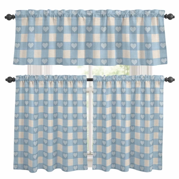 Blue Plaid Kitchen Curtains, Kitchen Curtains and Valances Set of 3, Country Cute Love Pastoral Heart Lattice Light Filtering Tailored Tier Curtain 36 Inch Length Drapes for RV Cafe Bathroom Bedroom