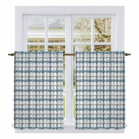 Blue Plaid Kitchen Curtains, Watercolor Checkered Blue Ombre Light Filtering Window Curtain Panels, 2Pcs Rod Pocket Window Treatments Set for Cabin Bathroom Bedroom 52x45 Inches