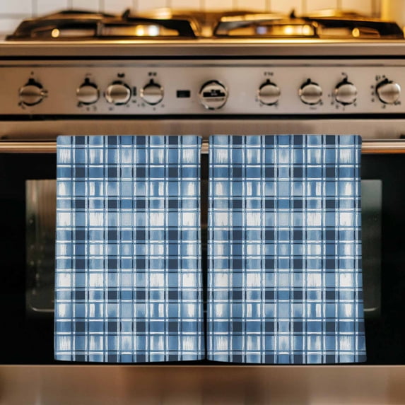 Blue Plaid Kitchen Towels Set of 4, Modern Simple Watercolor Buffalo Lattice Absorbent Dish Towels for Kitchen, Microfiber Hand Towel, Quick Drying Tea Towel for Cleaning Decorative Dishcloths