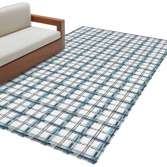 Blue Plaid Large Area Rugs for Bedroom Living Room, Soft Non Slip Carpet Bedside Rug, Watercolor Checkered Blue Ombre Rectangular Floor Cover Kitchen Accent Rug 3'x5' for Dining Room/Office