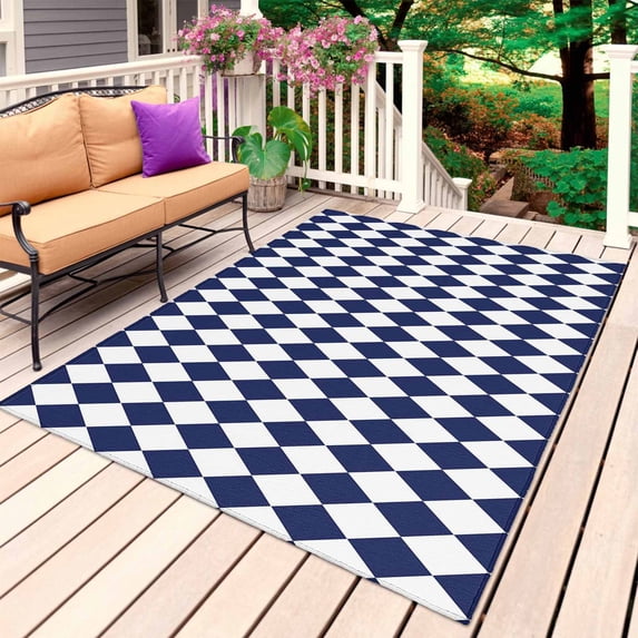 Blue Plaid Outdoor Rug 4x6 Ft, Non Slip Washable Area Rug, Modern Minimalist Geometric Gingham Checkered Patio Rugs Carpet Runner, Large Floor Mat for Indoor/Outdoor Deck Porch Camping