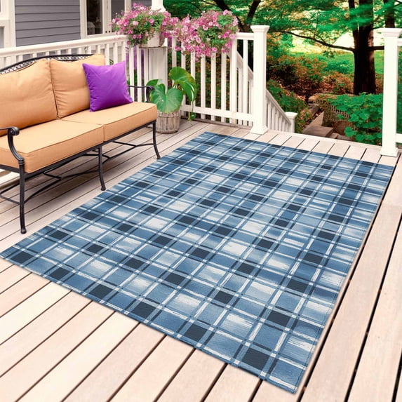 Blue Plaid Outdoor Rug 4x6 Ft, Non Slip Washable Area Rug, Modern Simple Watercolor Buffalo Lattice Patio Rugs Carpet Runner, Large Floor Mat for Indoor/Outdoor Deck Porch Camping