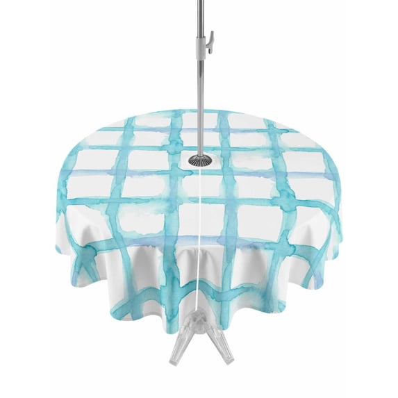 Blue Plaid Outdoor Tablecloth - 54 Inch Round Dining Table Cover, Farmhouse Buffalo Check Stripes Modern Geometric Waterproof Outdoor Table Cloth with Umbrella Hole & Zipper for Picnic/Patio/Party