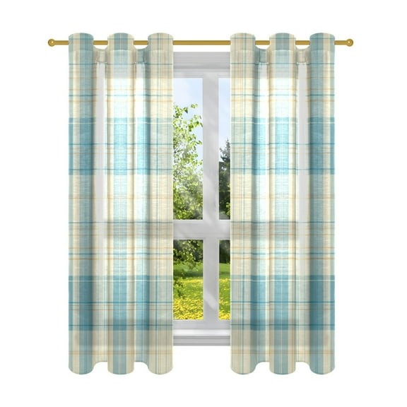 Blue Plaid Pattern Semi Sheer Curtains for Living Room Bedroom Set of 2 Insulated Window Drapes
