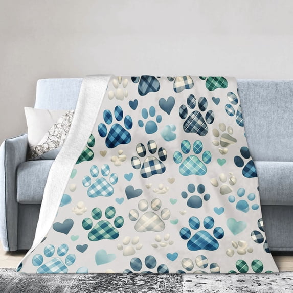 Blue Plaid Paw Prints Pattern Flannel Throw Blankets for Couch Bed 50"x40"