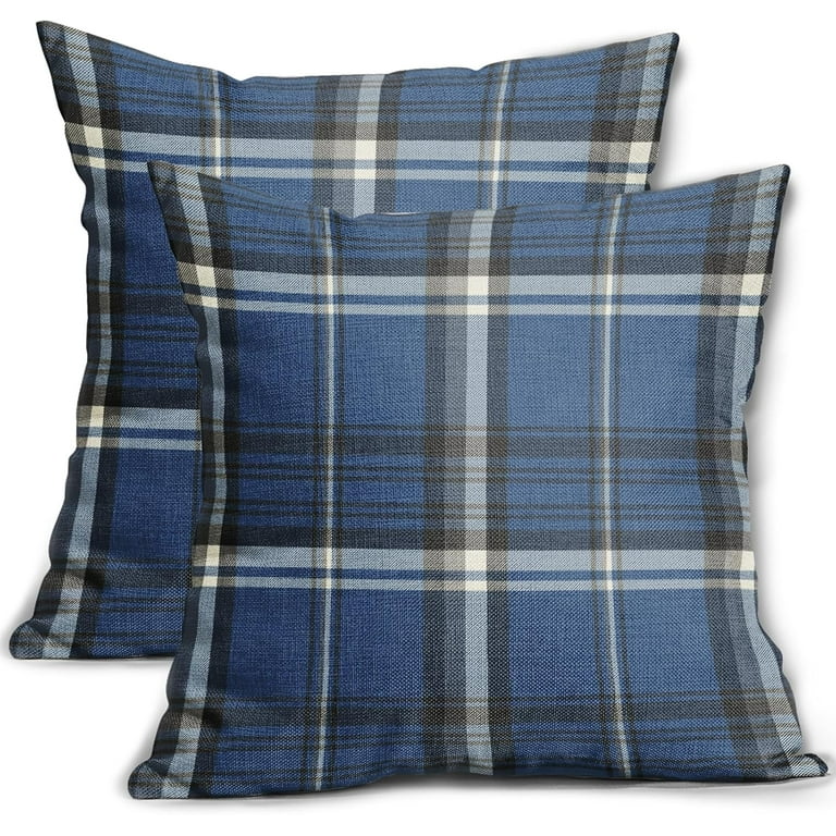 Blue Plaid Pillow Covers 16x16 Set of Buffalo Tartan Print