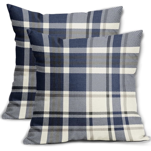 Blue Plaid Pillow Covers 18x18 Set of 2 Buffalo Checkered Christmas Decorative Tartan Pillowcases Holiday Summer Seasonal Outdoor Rustic Farmhouse Throw Cushion Case Decor for Couch Sofa Bed