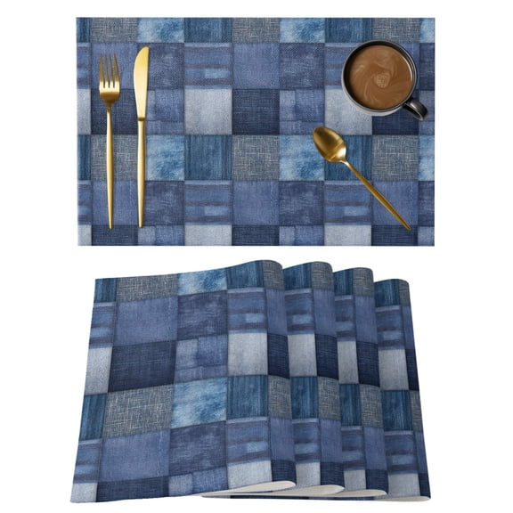 Blue Plaid Placemats Set of 2 Farmhouse Abstract Minimalist Ombre Gingham Place Mats Indoor Wipeable Table Mats Washable Cloth Dining Table Placemats for Kitchen Holiday Party Home Decor 13x19 Inch
