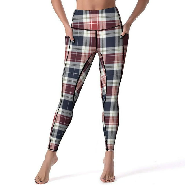 Blue Plaid Print Yoga Pants Vintage Check Fitness Leggings Push Up