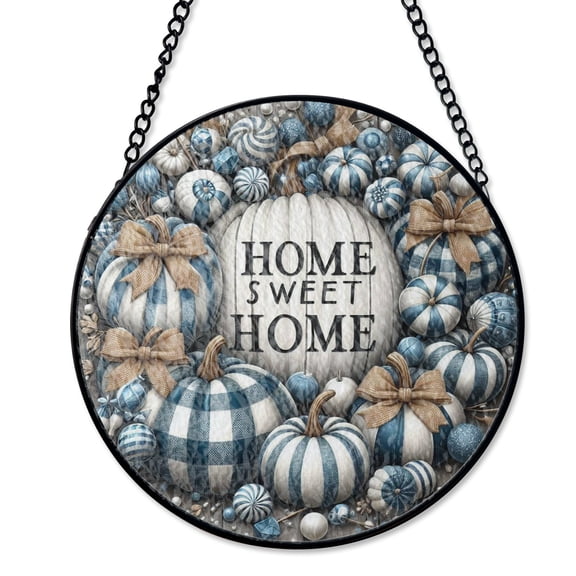 Blue Plaid Pumpkins Home Sweet Home Suncatcher, Stained Glass Style UV Printed Glass, Modern Fall Decor, Round